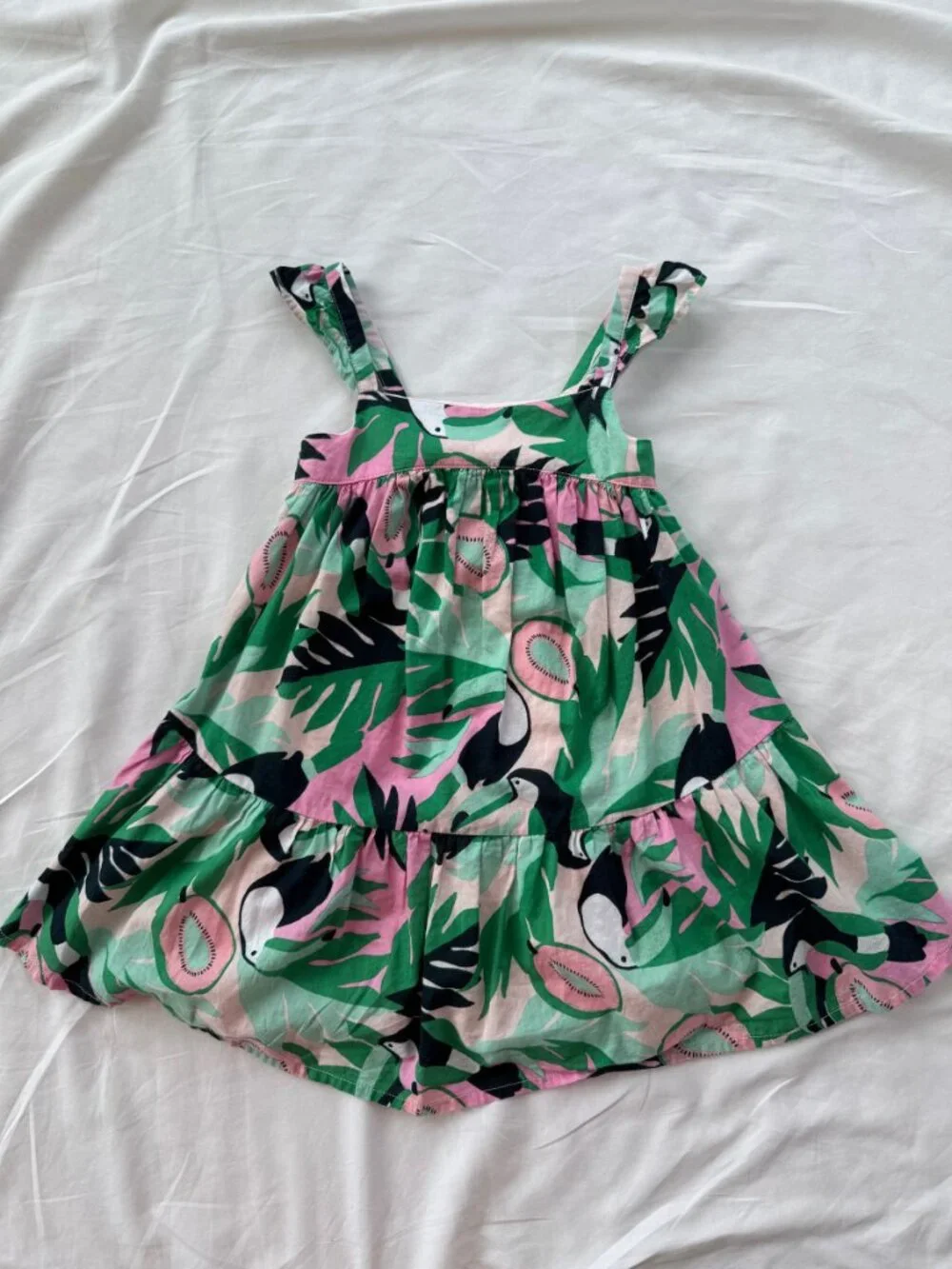 Janie & Jack Tropical Toucan Tiered Dress Girls Size 4 Pink Green Cotton